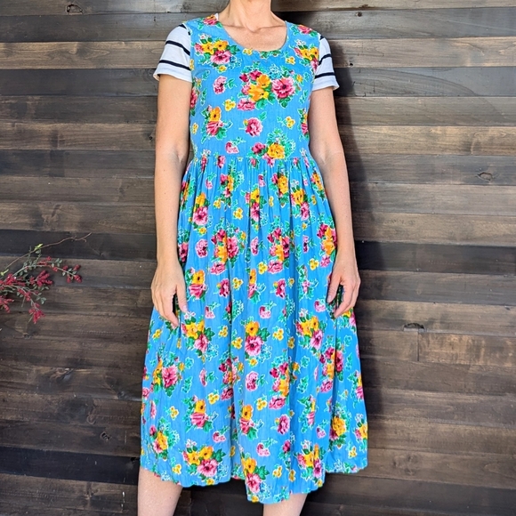 vintage FLORAL COTTON DRESS 1980's midi M - Picture 4 of 11